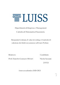 Benjamin Graham, il value investing e il metodo di selezione dei titoli con  annesso software Python - LuissThesis